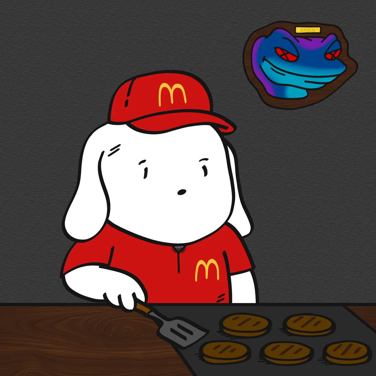 Wilde in a fast food uniform flipping burgers